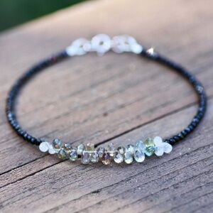 Natural Black Spinel, Tiny Briolette Sapphire Bracelet Handmade 14K White Gold